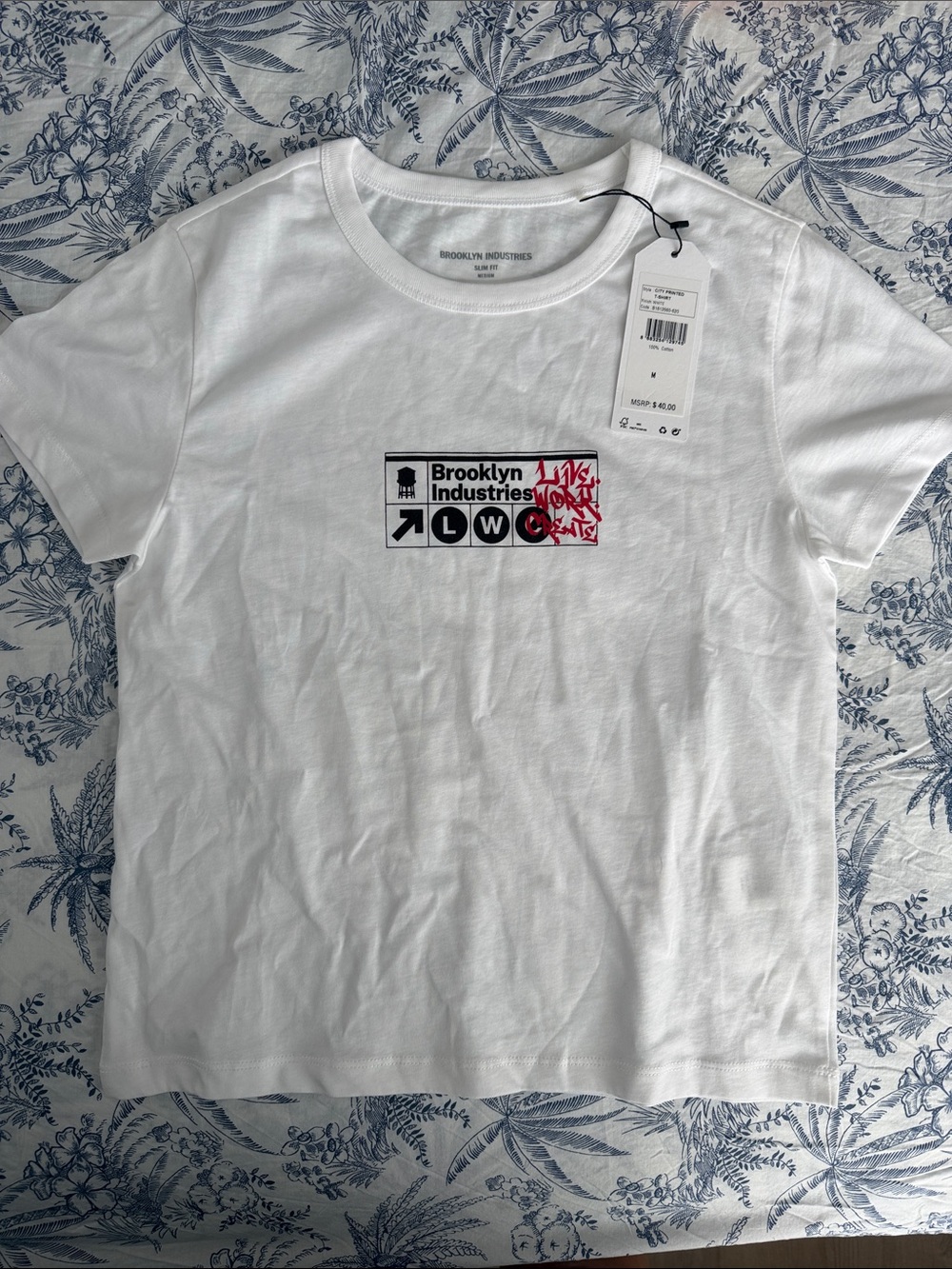 NWT Brooklyn Industries White Tee with Black and Red Logo Patch